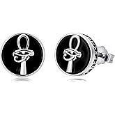 PROESS Viking Stud Earrings 925 Sterling Silver Tree of Life/Ankh Cross/Skull/Valknu Earrings Natural Black Onyx Stud Earrings for Men Women
