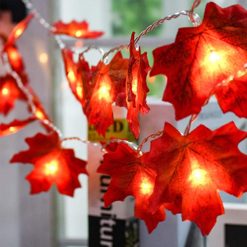QIANGUANG 20-LED Maple Leaves String Wire Lights Artificial Autumn Fairy Light Falling Maples Garland Flexible Decorative Lamp for Tree Garden Balcony Home Patio Decoration, Battery Powered (1pack)