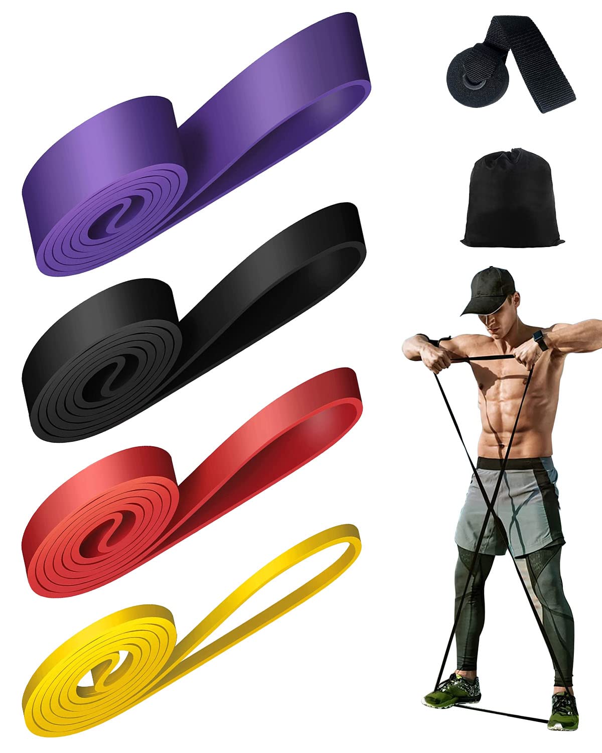 Victoper Resistance Bands (Set of 4) Pull Up Bands Elastic Stretch Fitness Bands for Pilates,Yoga and Muscle Training with Door Anchor and Storage Bag, Yellow/Red/Black/Purple