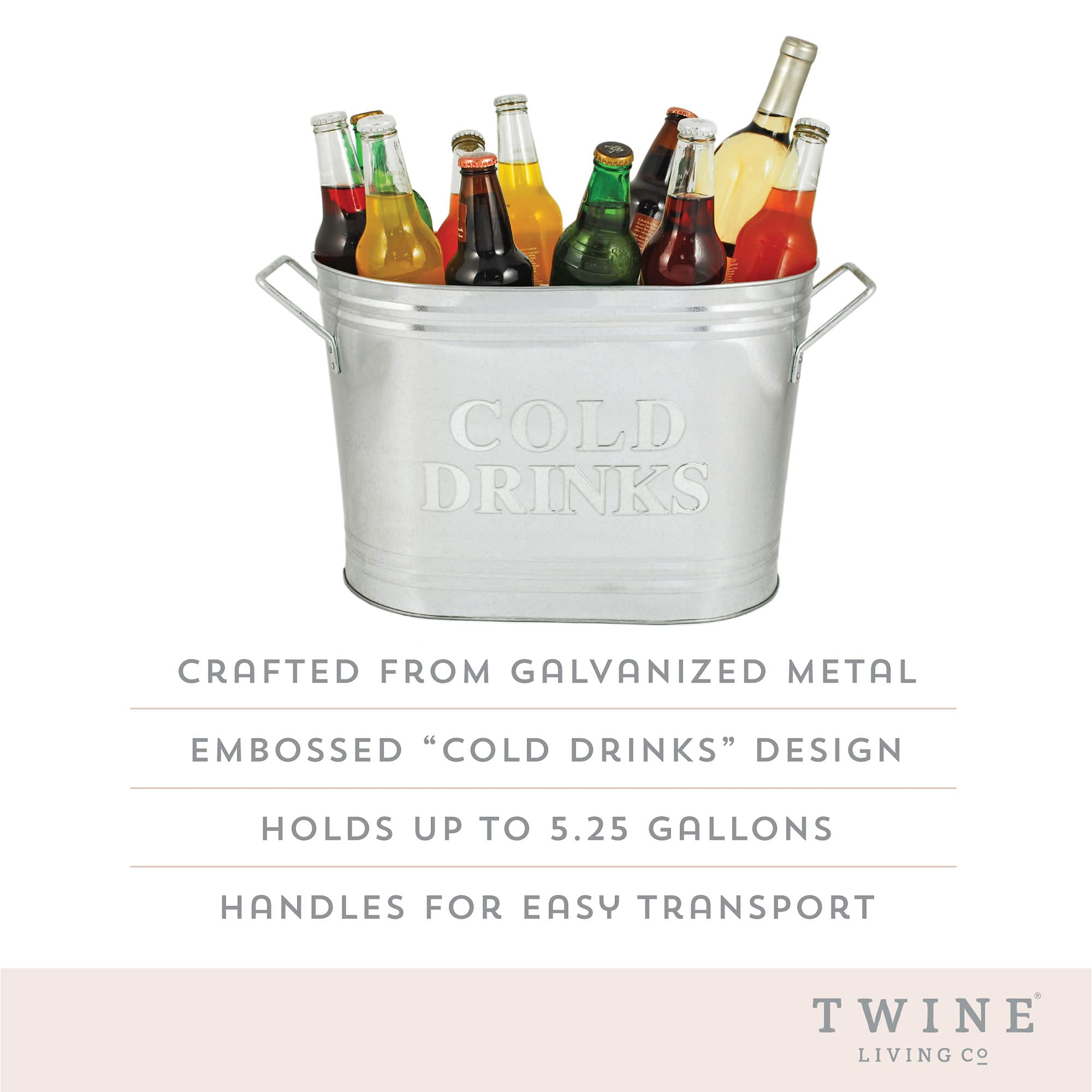 Twine Insulated Drink Galvanized Bucket, Beer and Beverage Tub, Metal Bucket, Ice Buckets for Parties, Holds 5.35 Gallons, Silver