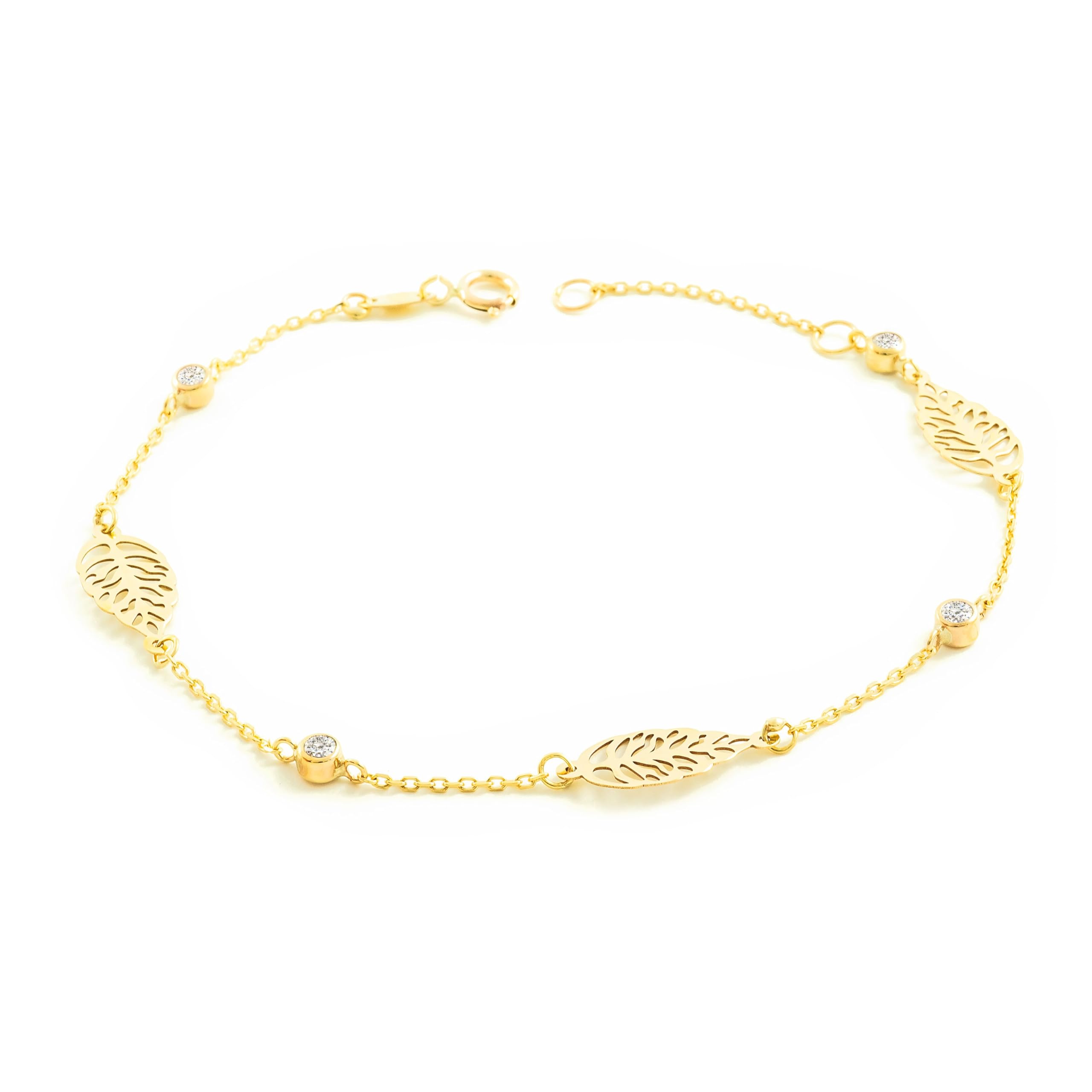 Monde Petit - 9ct Yellow Gold Women's Bracelet Sparkling Zircon Leaves 18 cm