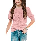 Batermoon Girls' Puff Short Sleeve Sweaters Crewneck Hollow Out Knit Pullover Tops