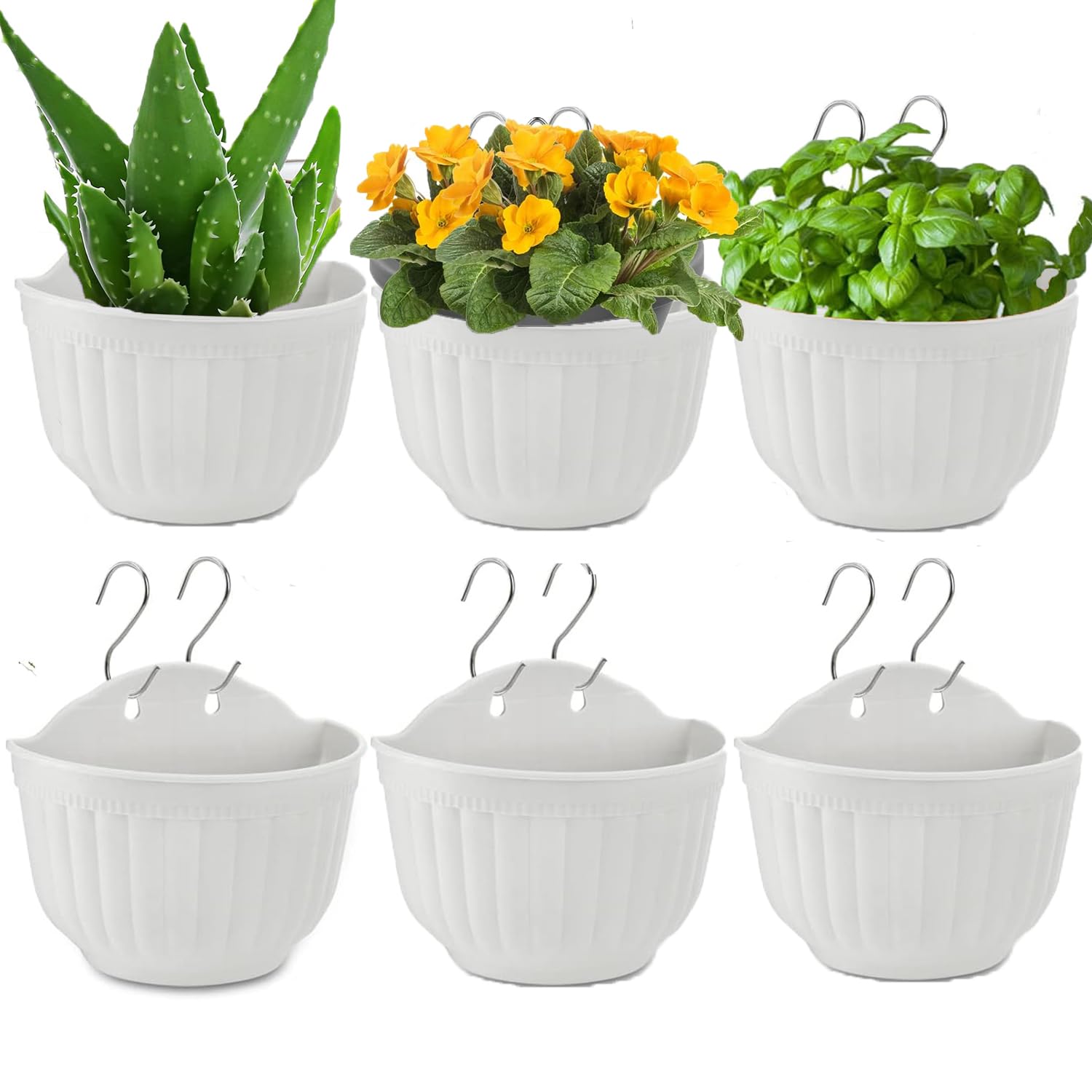 Aeetial 6 Packs Creative Half Round Wall Hanging Planters,Plastic Hanging Flower Pots for Railing Fence - Indoor Outdoor Balcony Wall Hanging Basket, Plant Pot Container (White)
