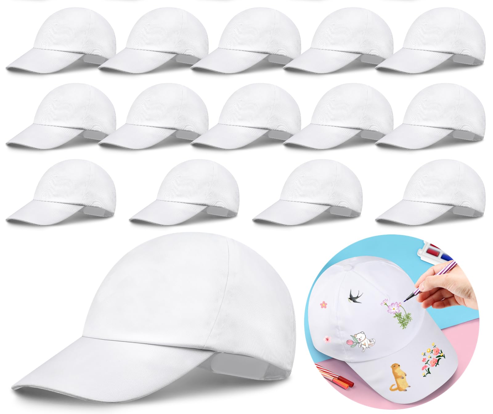 Joyibay DIY Kids Baseball Caps, 15PCS Kids Hats Creative Blank Art Painting Caps, Casual Beach Sun Hats for Outdoor Sports White