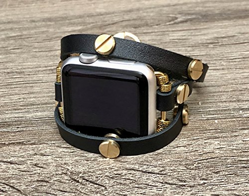 Black Leather Bracelet For Apple Watch Series 1 2 & 3 Handmade Multi Wrap Accessory Apple Watch Band With Gold Metal Jewelry Rivets & Connectors Unique Fashion Strap Wristband