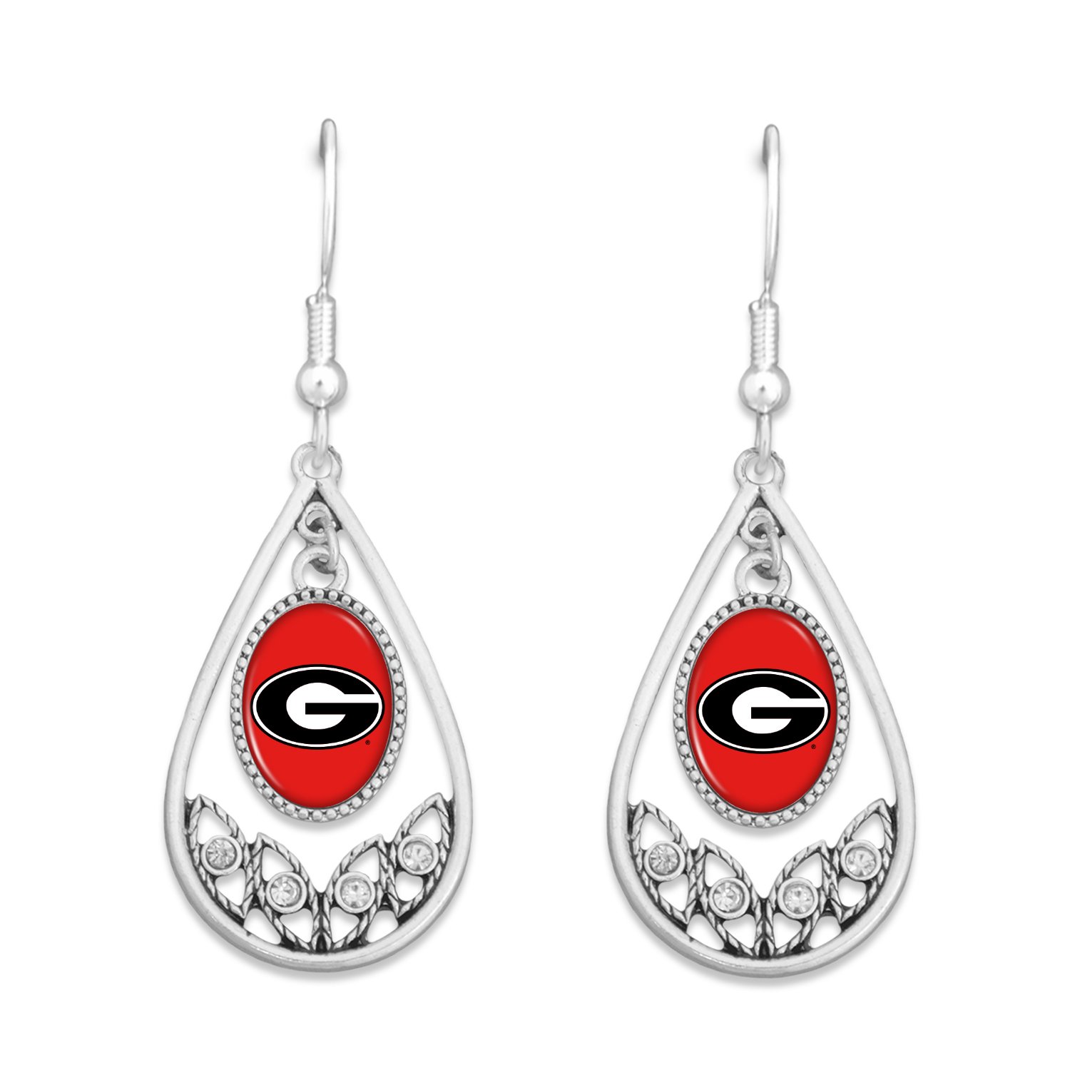 FTH Georgia Bulldogs Logo Silver Tone Tear Drop Hoop Earrings with Clear Rhinestones