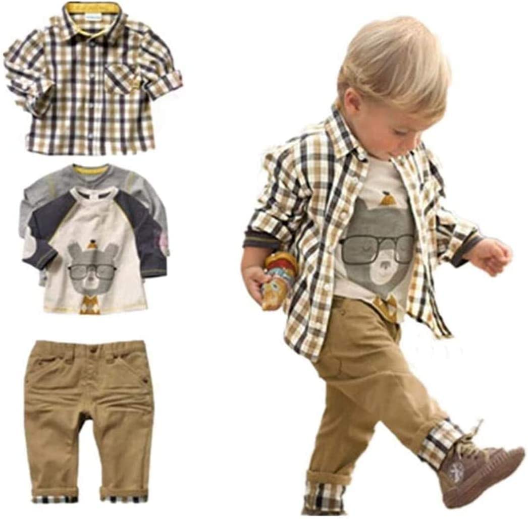 SOPO Toddler Boys Casual 3 Piece Set (T-Shirt + Plaid Shirt + Khaki Pants) 4-5y