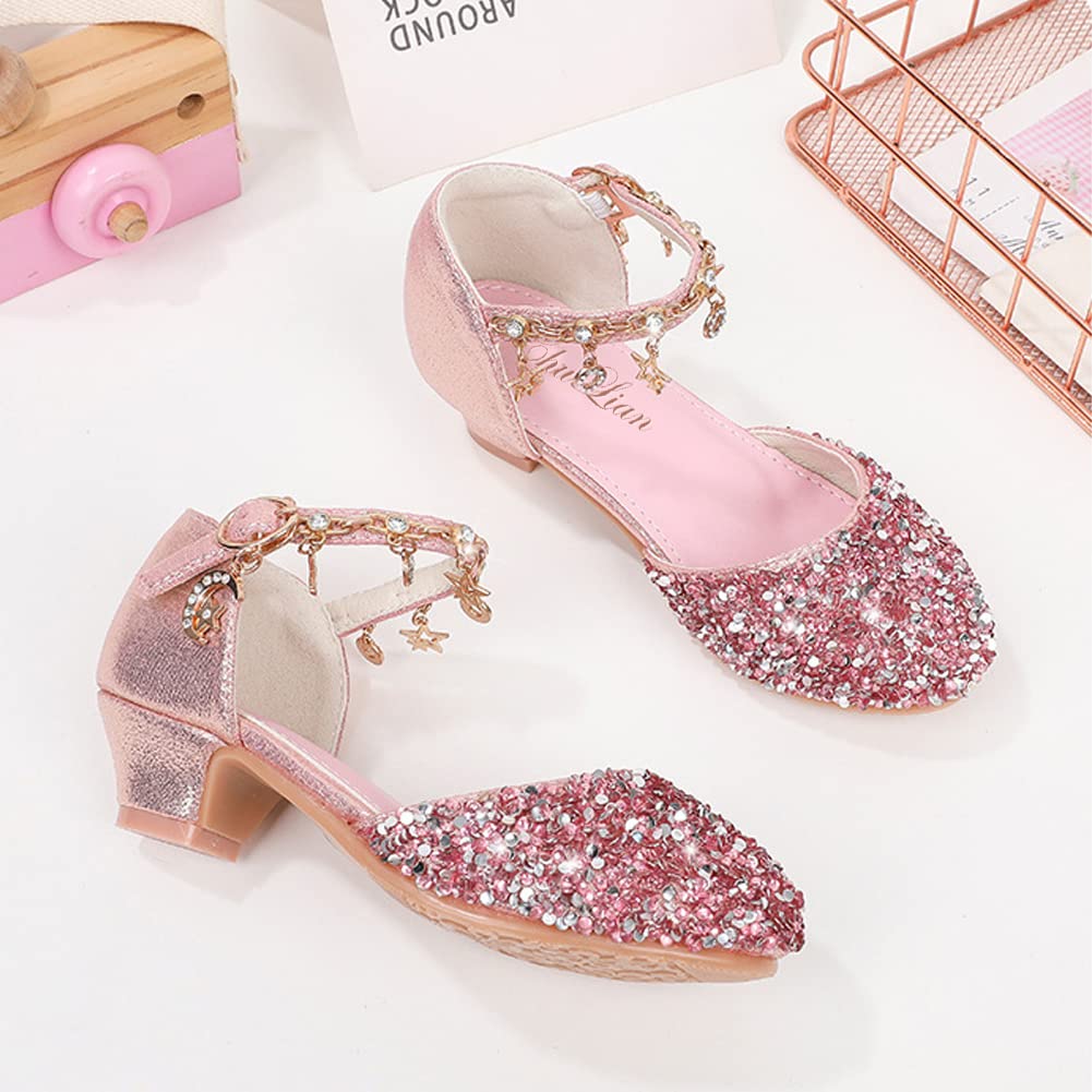 ChuLian Little Kids Girls Dress Pumps Glitter Sequins Princess Low Heels Princess Dress Shoes Party Dance Shoes Rhinestone Sandals