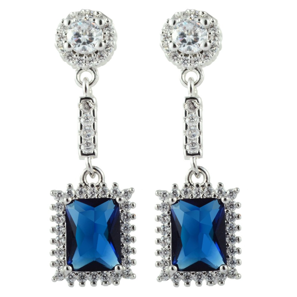RIZILIA Drop Pierced Earrings with Rectangular Cut Gemstones CZ [Blue Sapphire] in 18K White Gold Plated, Simple Modern Elegance