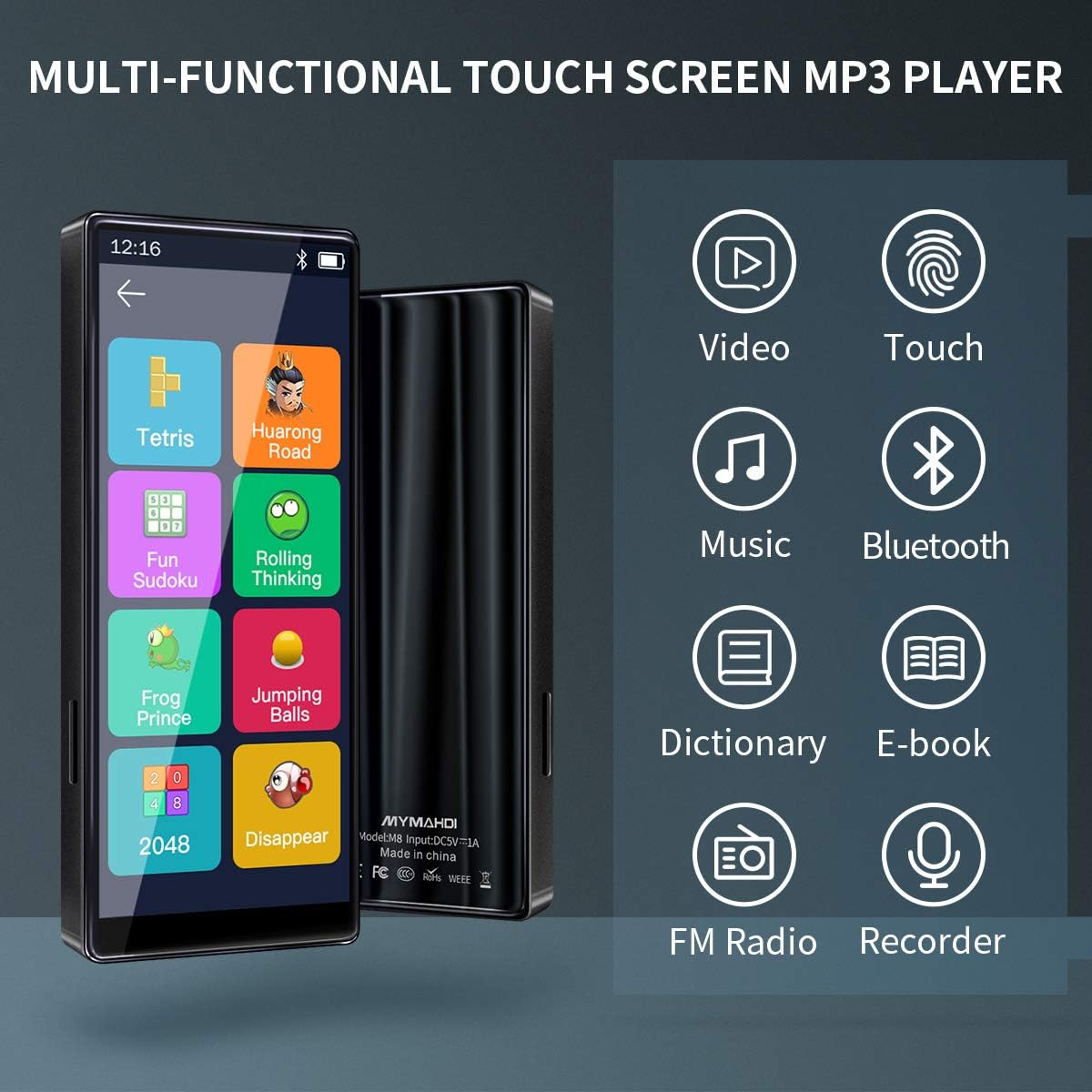 MYMAHDI MP3 Player with Bluetooth 5.0, High Resolution and Full Touch Screen, Built-in Speaker, 8GB HiFi Lossless Sound Player with FM Radio, Voice Recorder, Supports up to 128GB, Black: Electronics