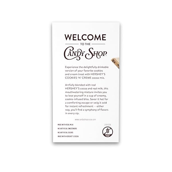 CANDY SHOP COCOA HERSHEY’S COOKIES ‘N’ CREME COCOA MIX HOT CHOCOLATE MAKE HOT OR ICED COCOA MADE WITH REAL MILK GLUTEN FREE 1.25 OZ PACKET (8 COUNT)