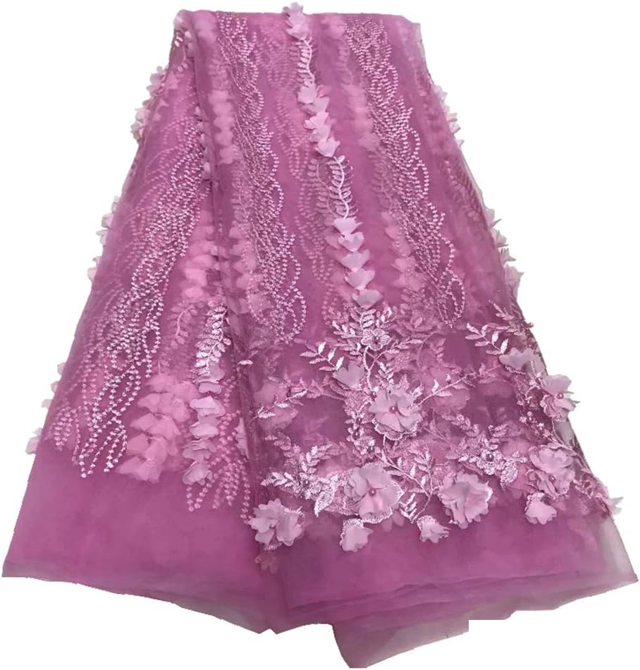 Pure Color African Lace with Beads 3D Flower Design Tulle Lace Fabric for Wedding Party
