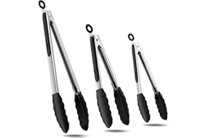 ChefAide Set of 3 Cooking Tongs,18/8 Stainless Steel and Silicone Rubber Grips with 600ºF High Heat-Resistant,Kitchen Utensils,Cooking Utensils for Grill,Salad,BBQ,Frying,Baking,Serving 7/9/12 inches