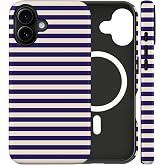 flewfun Magnetic for iPhone 16 Plus Cute Striped Phone Case, Blue&amp;Apricot | Horizontal Stripes Shockproof Slim TPU and Hard PC Protective Phone Cover Compatible with MagSafe Designed for Women Girls