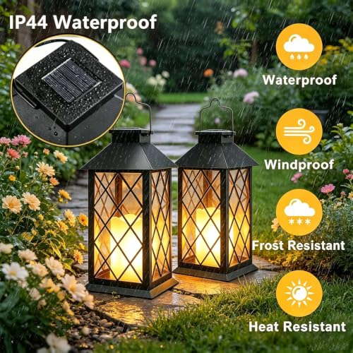 Joycome Solar Lanterns Outdoor 2 Pieces Solar Lamp Outdoor Garden with Flashing Candle, Waterproof Terrace Decoration, Solar Lantern for Garden, Table, Terrace, Fence, Tomb and Gifts – Black