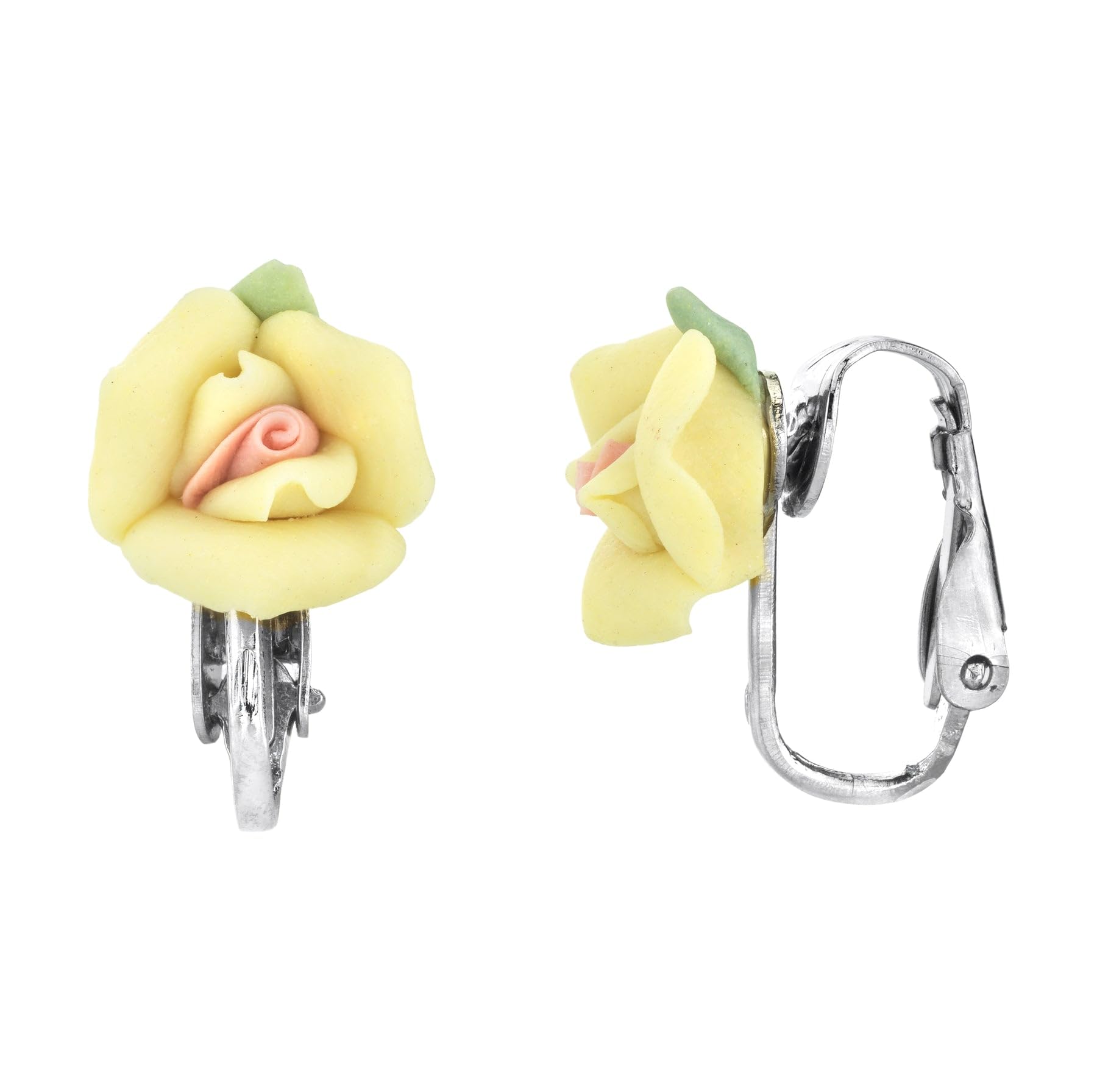 1928 Jewelry Pendientes de clip de rosa de porcelana amarilla para mujer, pendientes sin perforación, hechos en Estados Unidos, flores hechas a mano, joyería floral atemporal