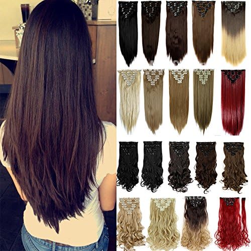 Clip in Full Head Hair Extensions 8 pieces/set Synthetic Fibre Natural Long Thick Hair Pieces Hairpiece Standard Weft Hair Extension - 23 inch Straight medium brown