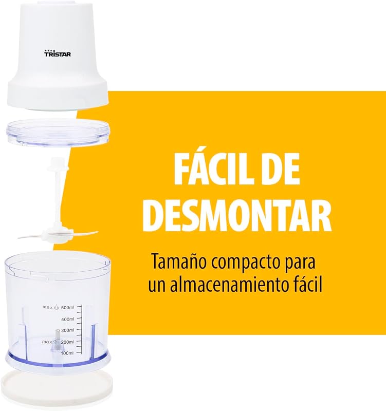 Picadora de Acero Inoxidable, Motor 400W, 2 Velocidades con Turbo, 2 Cuchillas de Acero Inoxidable, Bol 0.5L, Diseño Compacto, Piezas Aptas Lavavajillas, BL-4023