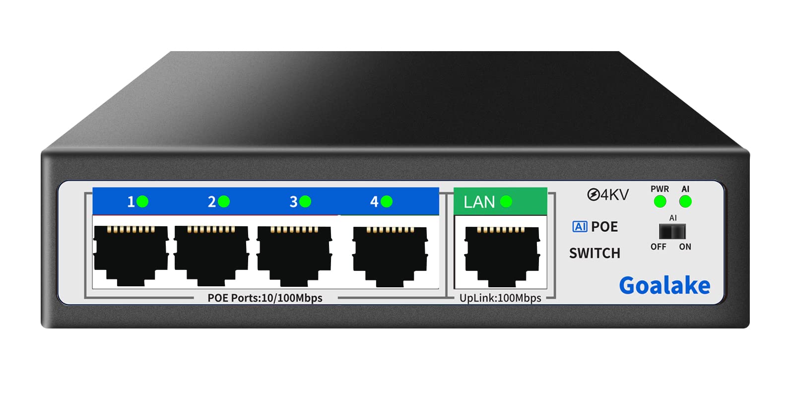 Goalake PoE+ Switch 5 Port 100Mbps（4 PoE Ports +1 Uplink), 802.3af/at, 52W for all PoE Ports, AI Extended to 250m, Ideal for IP Surveillance and Access Point, Desktop/Wall Mount(Unmanaged)