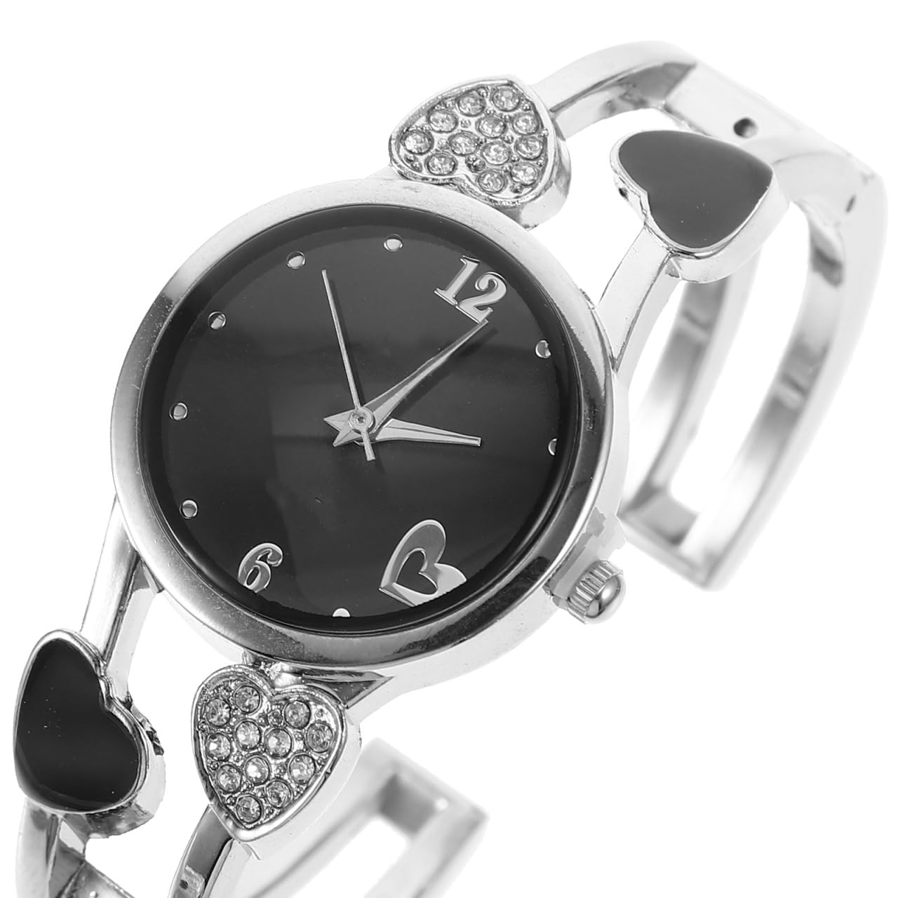 Hemobllo Ladies Silver Bangle Watch-Rhinestone Heart-Shaped Bracelet Watches for Women, Fashionable Silver Cuff Quartz Wrist Watches, Elegant Ladies Bracelet Watch for Women & Girls