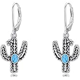 Cactus Earrings 925 Sterling Silver Natural Turquoise with Western Cactus Drop Earrings for Women