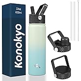 Konokyo 22oz Stainless Steel Bottles with 3 Lids Sport Insulated Water Bottle,Mint
