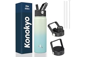 Konokyo 22oz Stainless Steel Bottles with 3 Lids Sport Insulated Water Bottle,Mint