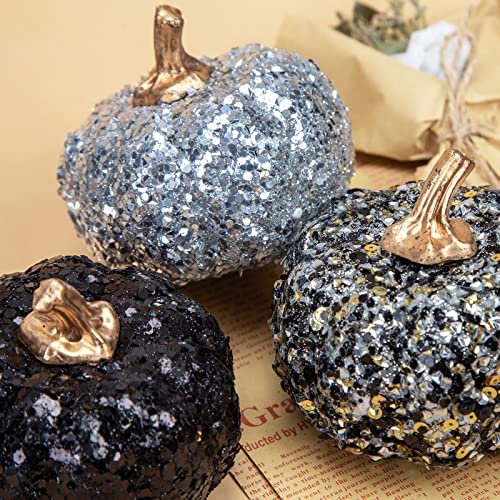 DomeStar Artificial Pumpkins, 3 PCS Glitter Fake Pumpkins Faux Pumpkins with Sequins and Fake Diamonds for DIY Halloween Thanksgiving Fall Harvest