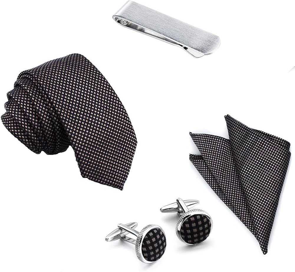 Men's 2.4inch Woven Checkerboard Tie, Pocket Square Set with Cuff Links