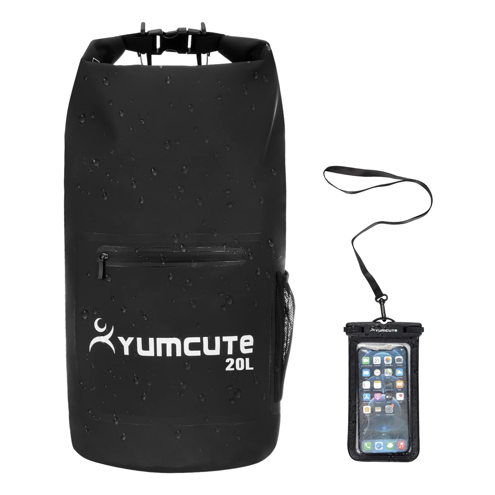 yumcute Dry Bag, 20L Waterproof Bag with phone dry bag and long adjustable Shoulder Strap Included, Perfect for Beach Swimming Kayaking Hiking Boating Canoeing Surfing Fishing (Black)