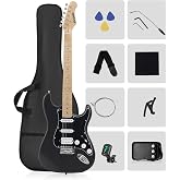 RVONE RST-150 39-Inch Right-Handed Electric Guitar Kit, HSS, Amp, Black | 39-inch guitar with HSS pickups, amp, gig bag, tuner, capo, strap, spare strings, and quiet headphone practice for beginners