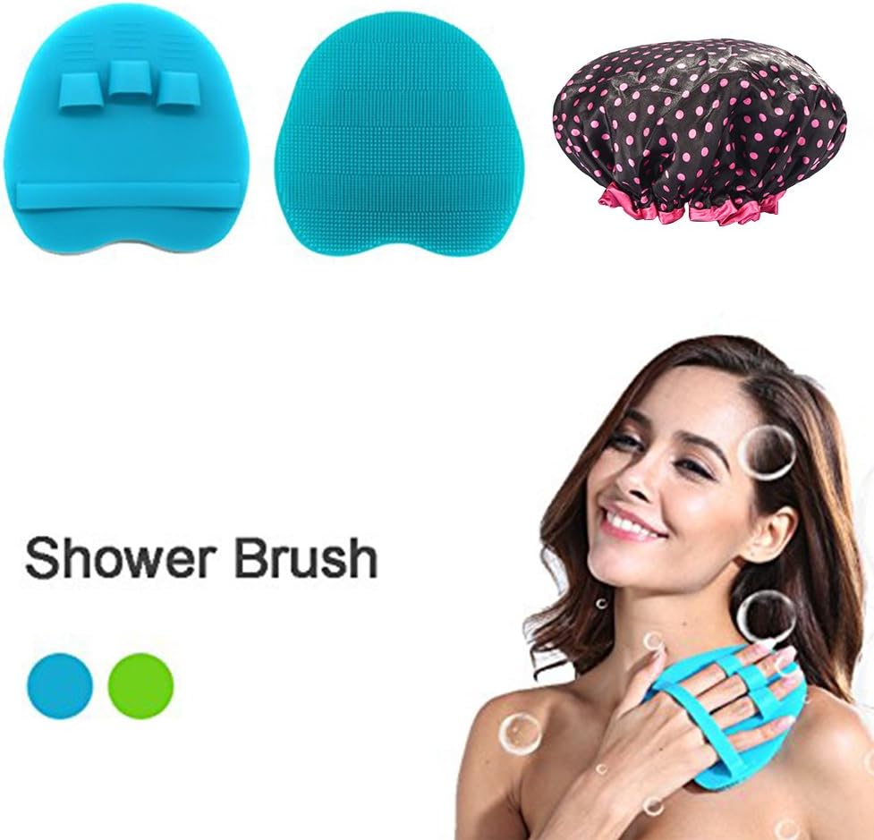 Silicone Body Brush, iado Bath Shower Brush Skin SPA Massage Scrubber Shower Glove Soft Body Brush with A Shower Cap (Blue-2)