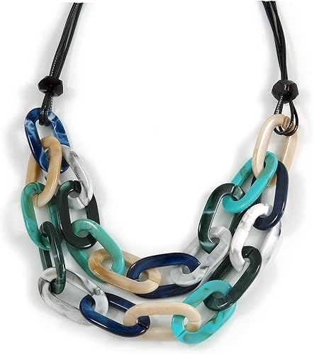 Multicoloured with Marble Effect Acrylic Large Oval Link Black Cord Necklace
