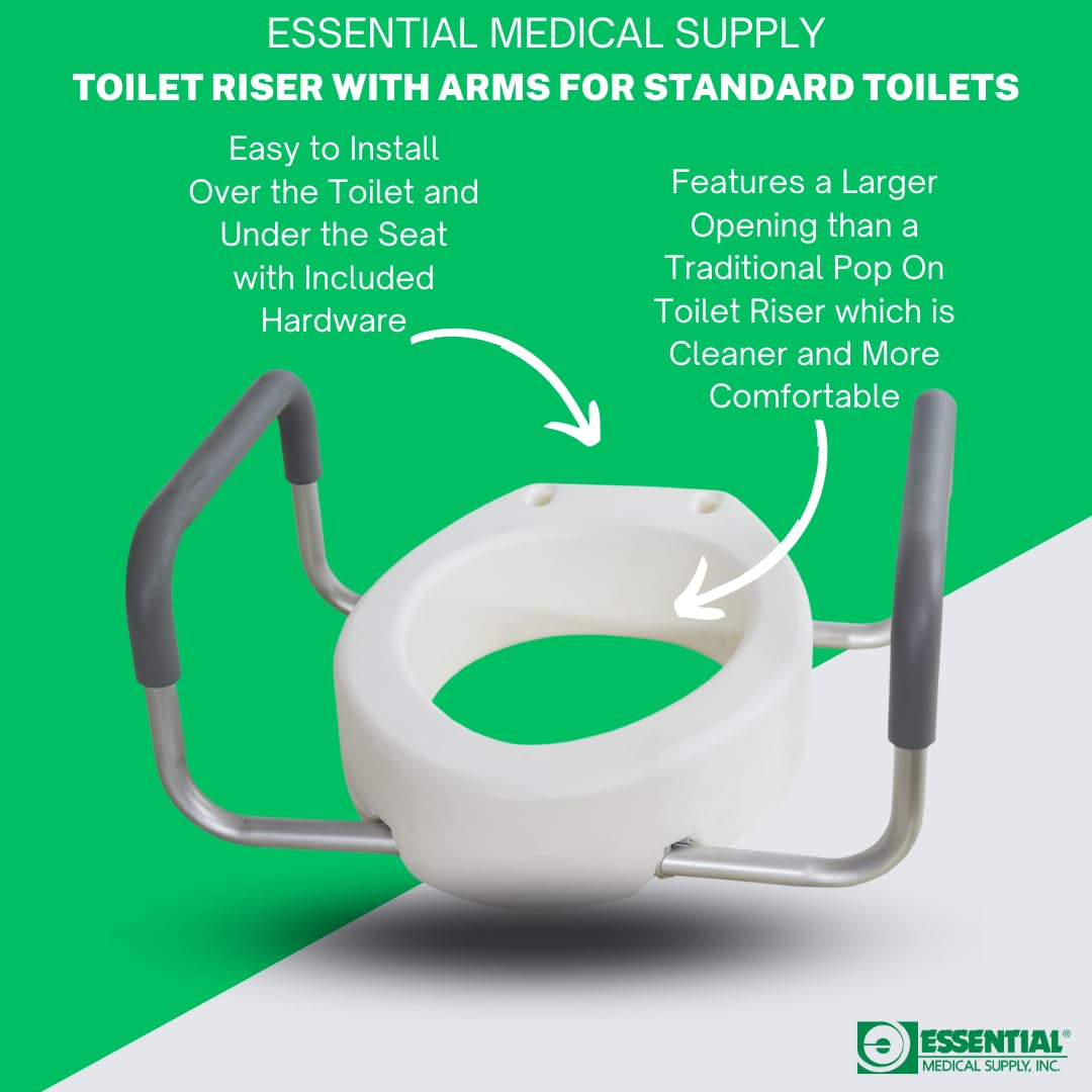 Essential Medical Supply Raised Elevated Toilet Seat Riser for a Standard Round Toilet with Padded Aluminum Arms for Support and Compatible with Existing Seat, Standard, 17.5 x 13.5 x 3.5 Inch
