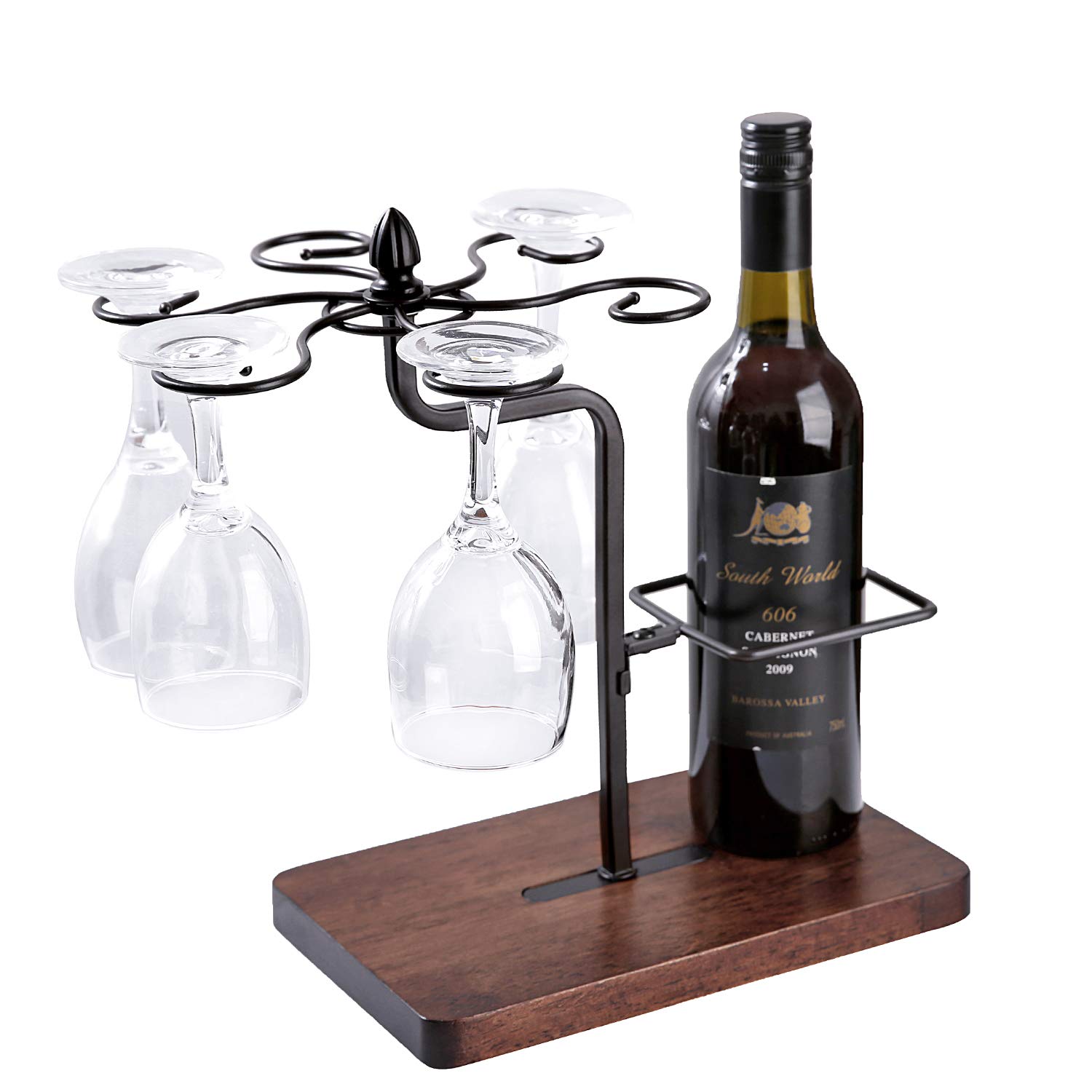 Wine glass holder with wine bottle holder, glass rack, wine rack made of metal and solid wood, -standing, for 1 bottle and 6 wine glasses, wine holder, wine stand, decoration, gift, wine lover