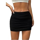 WDIRARA Women's Elastic Waist Mesh Ruched Bodycon Mini Skirt Sexy Stretchy Skirts