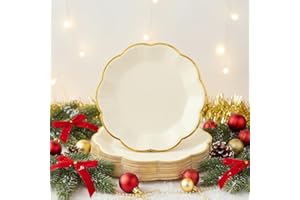 NatNarr 30 Pcs Cream Paper Plates, 9 Inch Ivory Paper Plates with Gold Trim Scalloped White and Gold New Years Plate for New Year, Baby Shower, Wedding