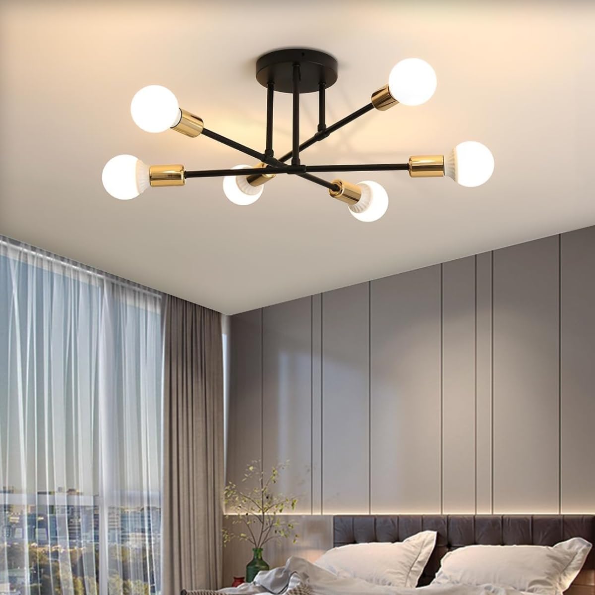 Dorlink Modern Chandelier Light, 6 Lights Industrial Semi Flush Mount Ceiling Lamp, Chandelier Lighting for Living Room Bedroom Kitchen Dining Room Hallway E27 (Black with Gold) — image 1