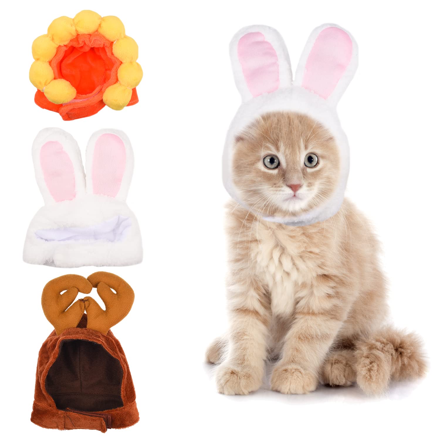 Bohue 3Pcs Cat Hats Pet Headdress Hat Rabbit Ears Elk Sun Flower Headdress Pet Party Costume Halloween Accessories Headdress for Small Pet