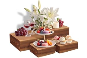 jubilander 4 Pcs Buffet Risers, Wood Food Riser Dessert Display Stand for Party Wood Cupcake Stands Nesting Box for Display (Burnt)