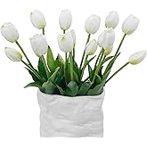 LINSIE 15 Pcs White Artificial Flowers Tulips Latex Plastic Soft Faux Bouquets for Party, Wedding, Home, Room, Garden Decor
