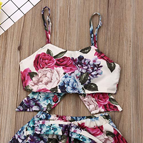 Toddler Baby Girls Ruffle Strap Top+Boho Floral Skirt Summer Outfit Clothes Two Piece Set (Full Floral-Hydrangea&Rose, 1-2T) - Thumbnail 4