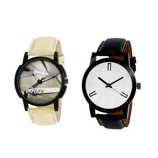 Creme & White Exclusive Combo Watch | Combo of 2 Watch | Perfect Model | Quartz Analogue Watch | Stylish Leather...