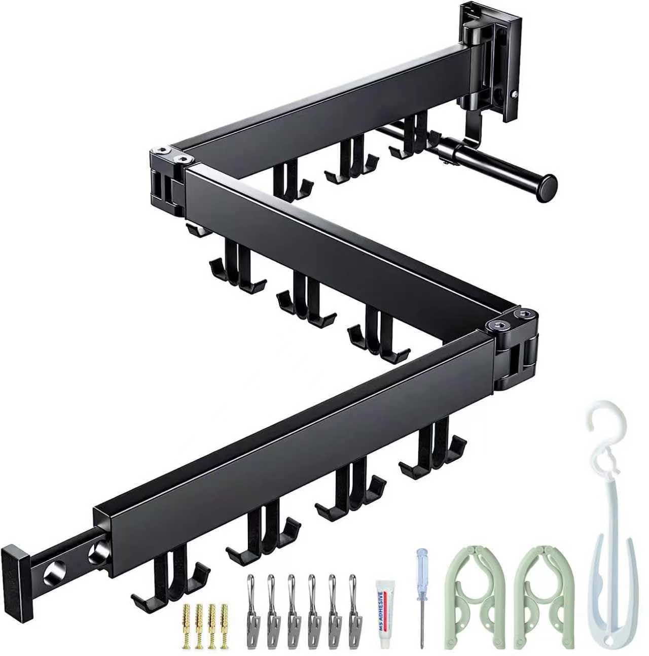 Wall Mounted Clothes Drying Rack, Space Saving,Triple Foldable, Retractable Clothes Airer with Extension Pole, Aluminium Clothes Dryer Rack with 24 Hooks, For Balcony, Laundry(Black-Double Hook )