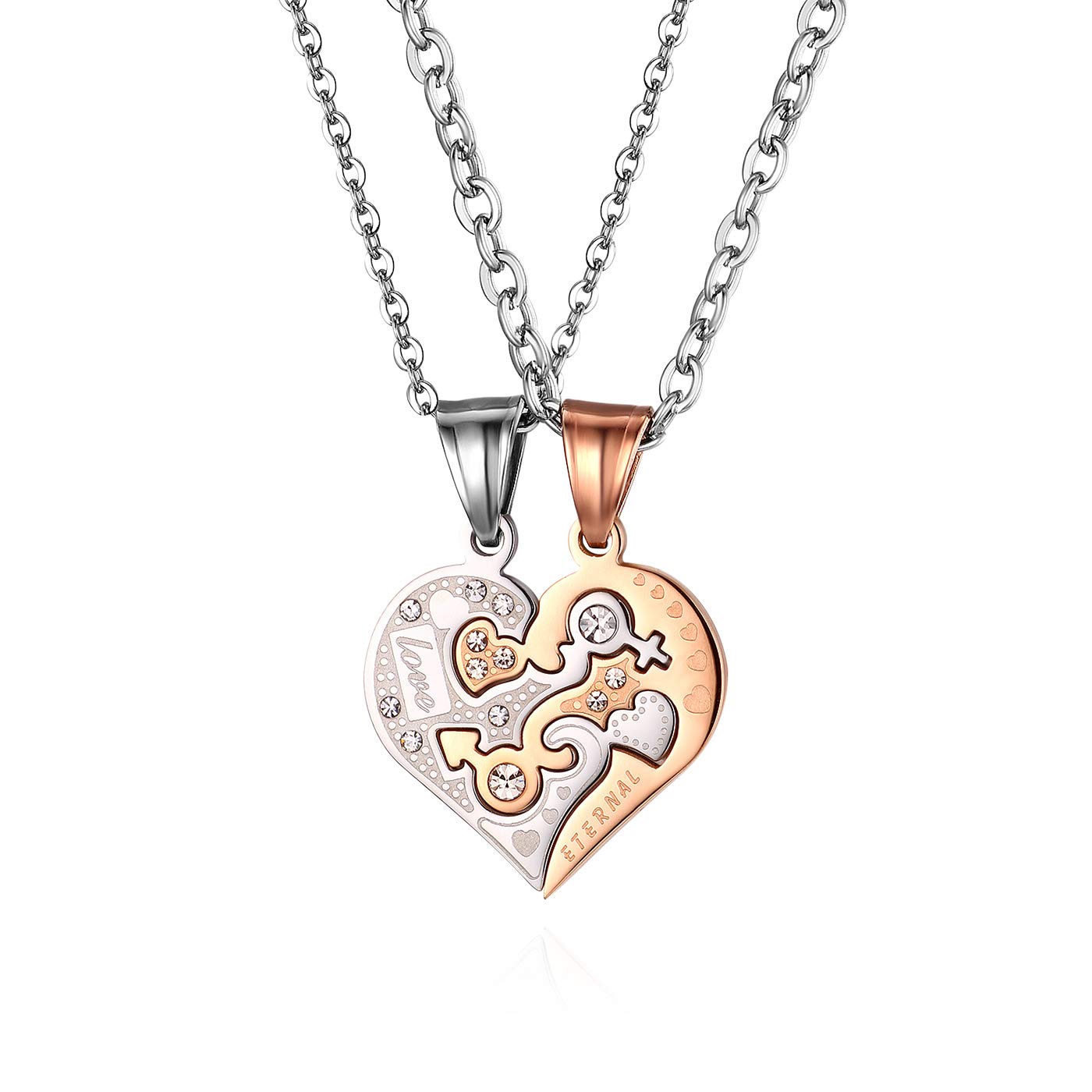 Oidea Stainless Steel Couples Love Heart Puzzle Matching Necklace for Promise Gift,Silver Rosegold,with Gift Bag