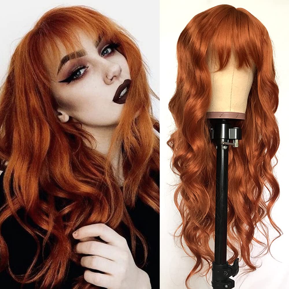 Photo 1 of QD-Tizer Ginger Orange Color Loose Wave Hair Replacement Wigs for Fashion Women Heat Resistant Synthetic No Lace Wigs with Full Bangs