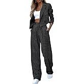 ROMRUM Women's 2 Piece Blazer Set Striped Cropped Blazers Jacket High Waist Wide Leg Work Pants Business Suit Outfits