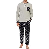 Keyocean Mens Henley Pajama Set, Soft Cotton Long-Sleeve T-Shirt & Pants 2-pieces PJ Set for Sleeping