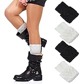Grevosea 2 Pairs Leg Warmers for Boots, Winter Warm Crochet Knitted Boot Cuffs Topper Socks Ankle Warmers for Women Girls 80s 90s Y2k Outfits (Black, Beige)