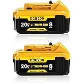 Totoplus Replacement for Dewalt 20V Max Battery: 8.0Ah Lithium Batteries Compatible with Dewalt DCB200 Cordless Power Tools Craft Woodworker Gardening Work 2 Pack